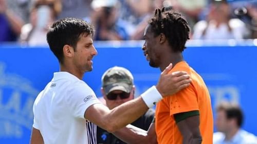 Djokovic (left) beat Monfils for the 17th time in the 2020 Dubai semifinals