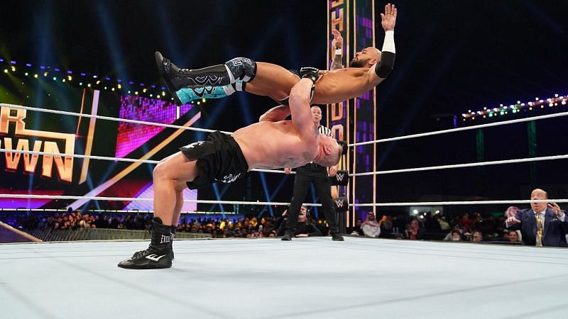 Lesnar did not go easy on the man who orchestrated his Royal Rumble elimination