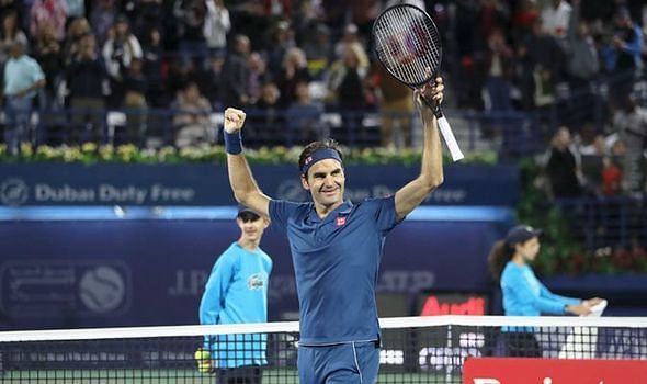 Federer exults after beating Tsitsipas in the 2019 Dubai Open final
