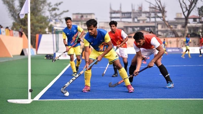 Action from the Khelo India Youth Games 2020 hockey match.