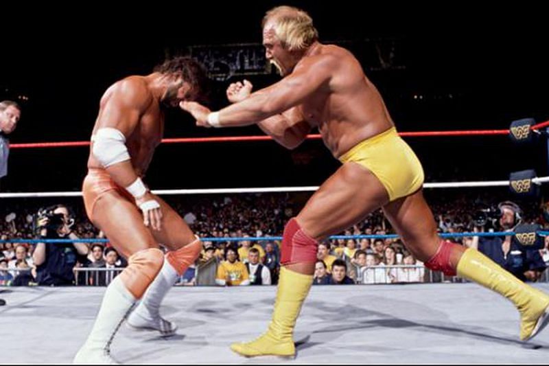 Macho Man Randy Savage faces off against Hulk Hogan at Wrestlemania V.