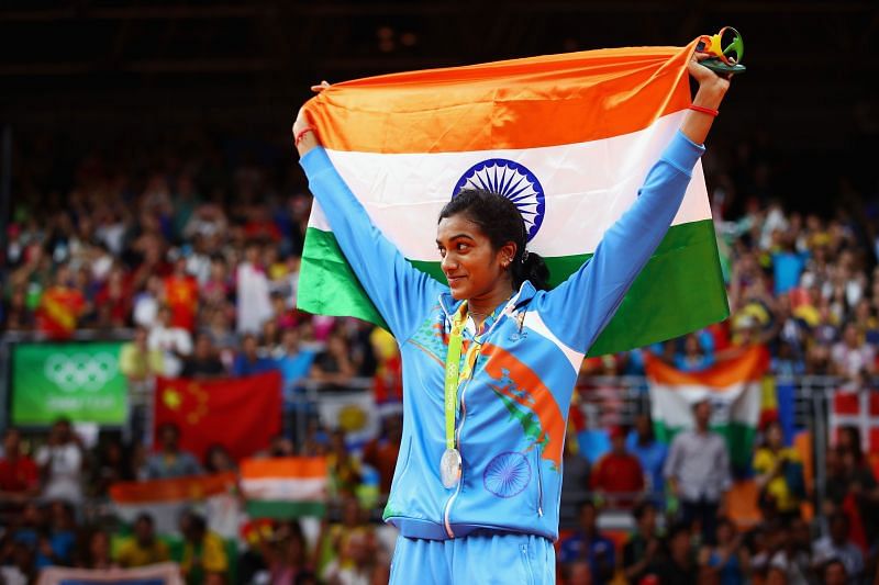 PV Sindhu proudly raising the Indian flag