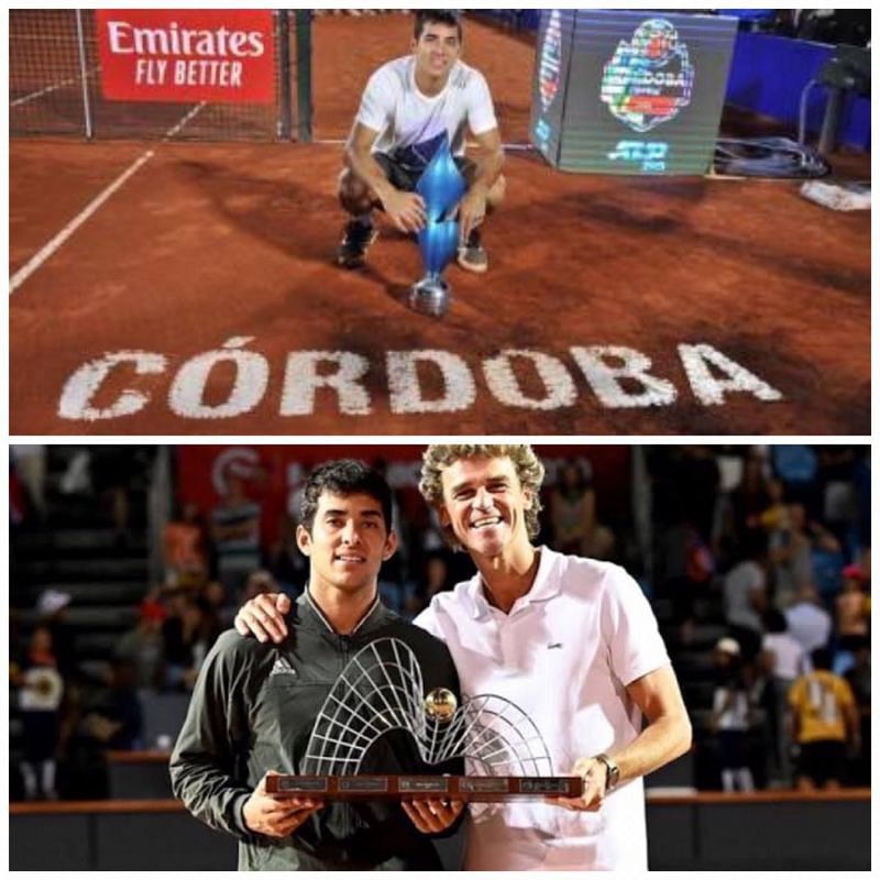 Garin poses with his 2020 ATP singles trophies - Cordoba (top) and Rio de Janeiro