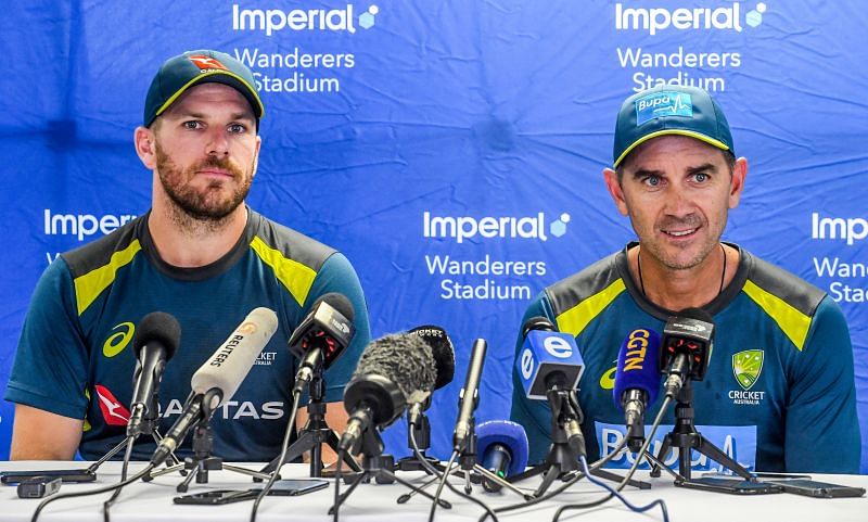 Justin Langer and Aaron Finch addressing the media at Wanderers, Johannesburg