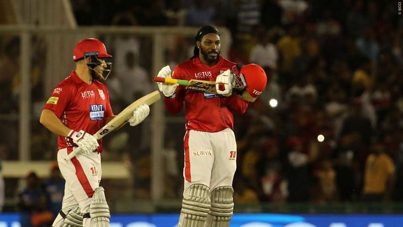 Chris Gayle celebrates a century for KXIP in IPL 2018