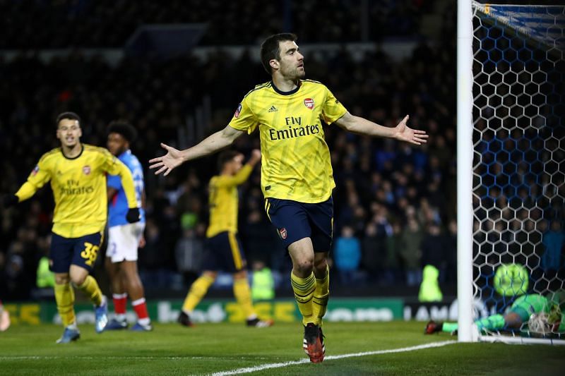 Sokratis celebrates his goal against Portsmouth in the FA Cup fifth round