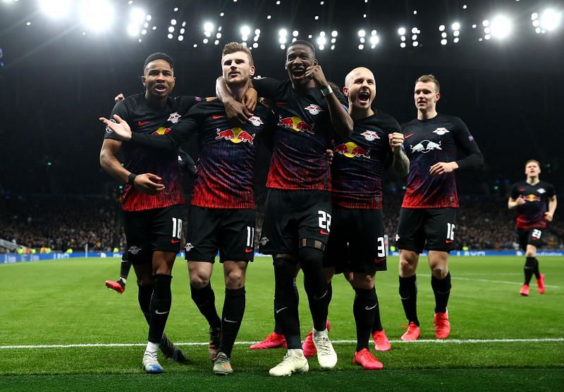 Timo Werner (second from left) scored the only goal in RB Leipzig&#039;s 1-0 win over Tottenham in the first leg 