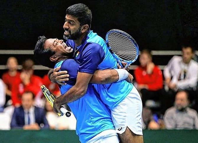 Leander Paes and Rohan Bopanna after their victory against Croatia in doubles