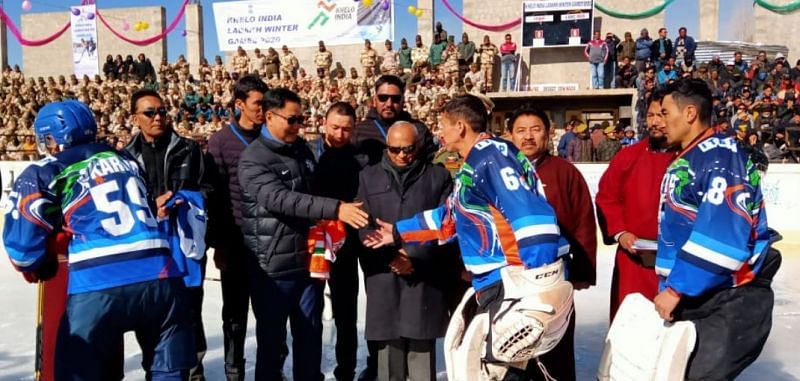 Kiren Rijiju meets athletes during an exhibition Ice Hockey match at Ladakh Khelo India Winter Games