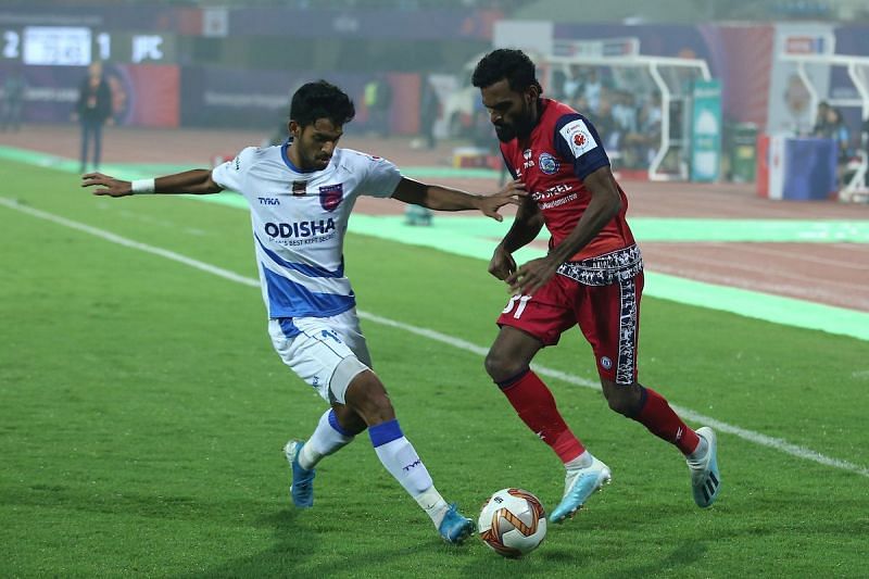 Shubham Sarangi in action in Odisha FC&rsquo;s first-ever ISL match Bhubaneswar against Jamshedpur FC
