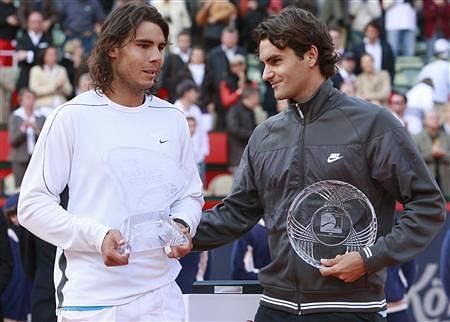 Federer beats Nadal (left) in the 2008 Hamburg final