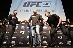 Khabib Nurmagomedov kicks Tony Ferguson's interim UFC Lightweight Championship belt at press conference