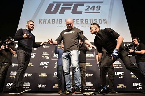 Khabib Nurmagomedov and Tony Ferguson at the UFC 249 press conference