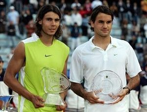 Federer (right) falls to Nadal in an epic Rome Masters final in 2006.
