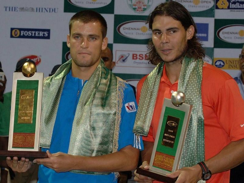 Mikhail Youzhny (left) beat Nadal to win the 2008 Chennai Open title.
