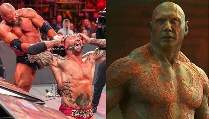 Batista in WWE (left), Batista as Drax (right)