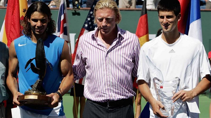 Nadal (left) lifts his first Indian Wells title in 2007.