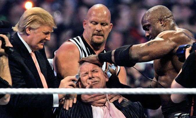 Bobby Lashley, Donald Trump, and Stone Cold Steve Austin shave Vince McMahon's head