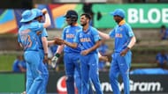 Ravi Bishnoi celebrates a wicket with his teammates at the U-19 World Cup 2020