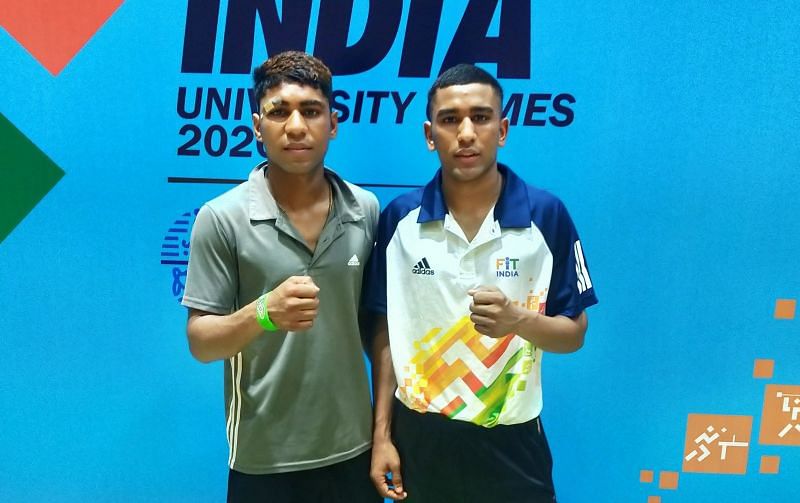 Punjabi University&#039;s Gurwinder Singh (left) and Chandigarh University&#039;s Harwinder Singh (right) at the Khelo India University Games 2020