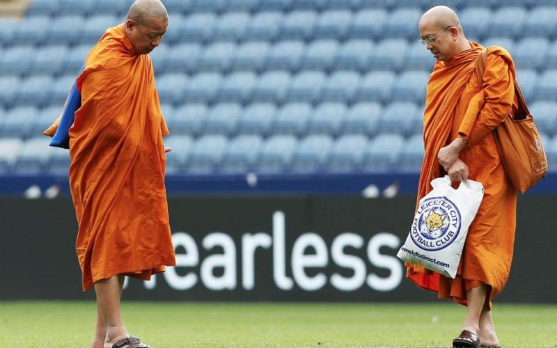 Buddhist monks on the turf of King Power Stadium