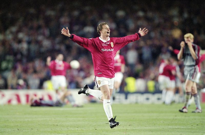 Solskj&aelig;r celebrates Champions League success with his winning goal in the 1999 final