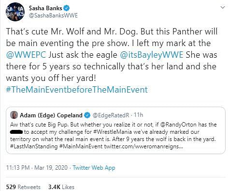 Sasha Banks responds to Edge on Twitter