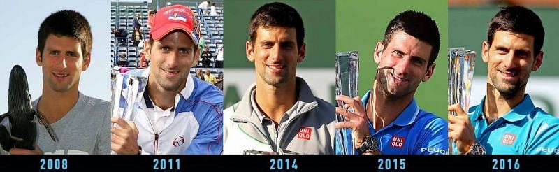 Djokovic&#039;s 5 Indian Wells titles (from left to right).