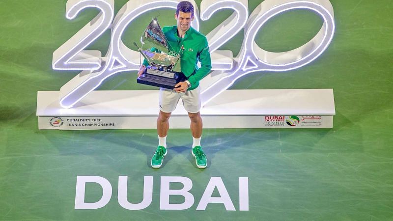 Novak Djokovic celebrates his 5th title at the Dubai Open in 2020
