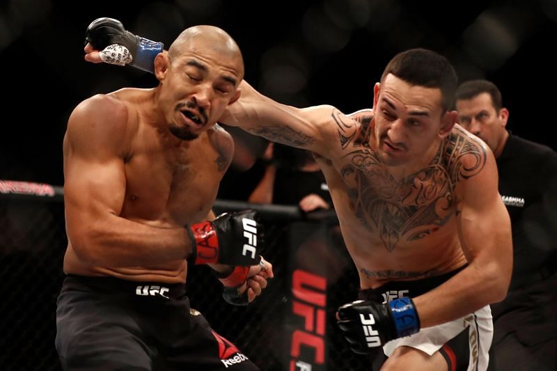 Max Holloway in action against Jose Aldo - who he earned TKO victories over twice in 2017