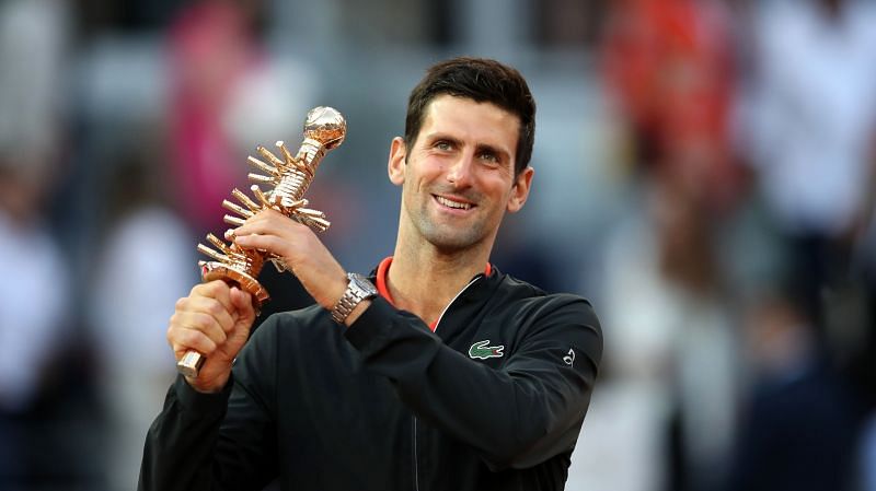 Djokovic celebrates his 33rd Masters 1000 title at 2019 Madrid.