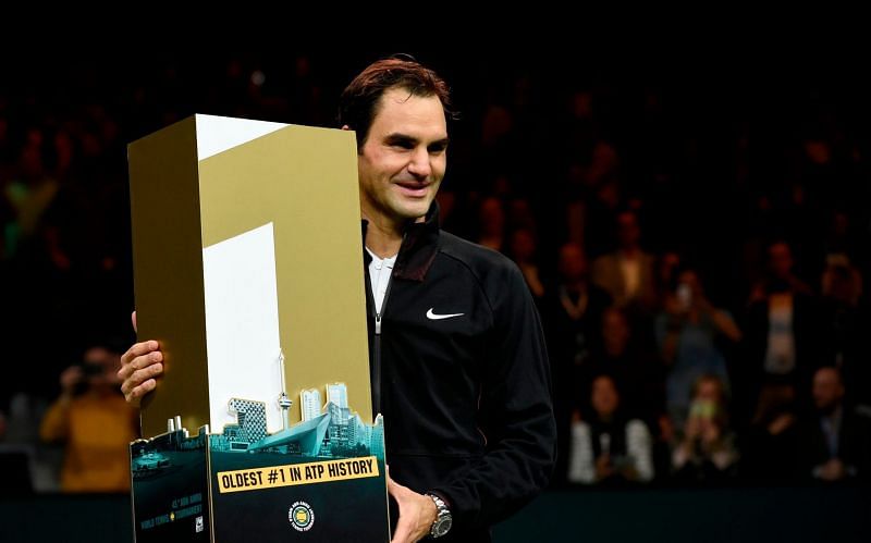 Federer being felicitated by the ATP