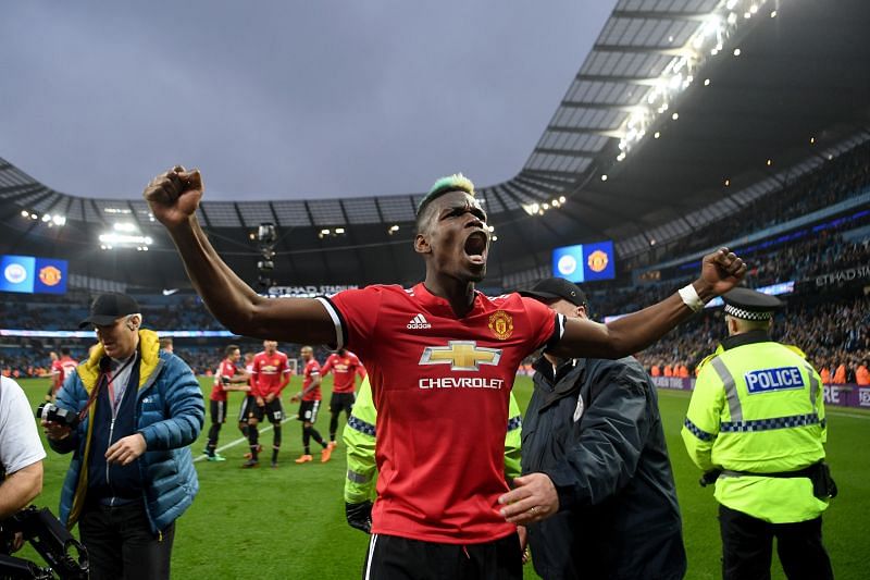 Paul Pogba scored two goals in the Manchester Derby