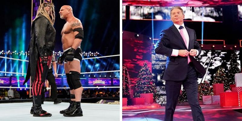 Goldberg and Bray Wyatt (left); Vince McMahon (right)