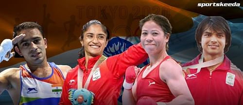 From Left to right: Amit Panghal, Vinesh Phogat, Mary Kom, and Neeraj Chopra