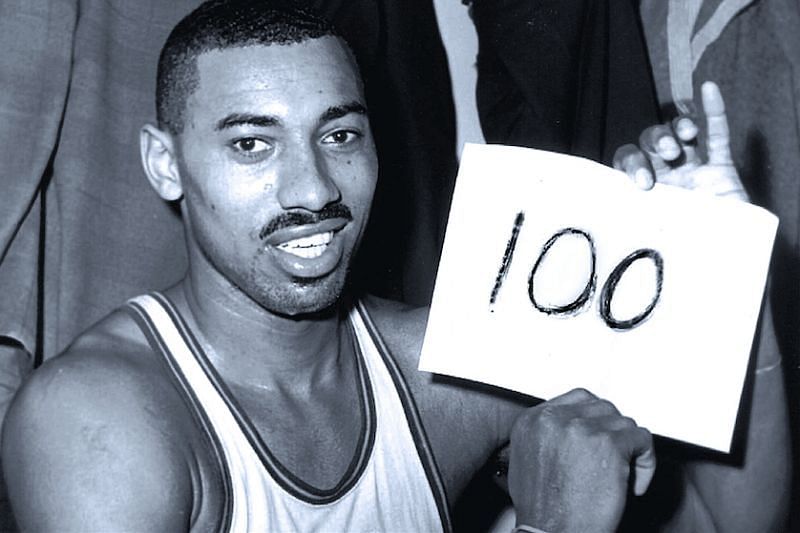 The iconic image of Wilt Chamberlain scoring 100 points vs the New York Knicks.