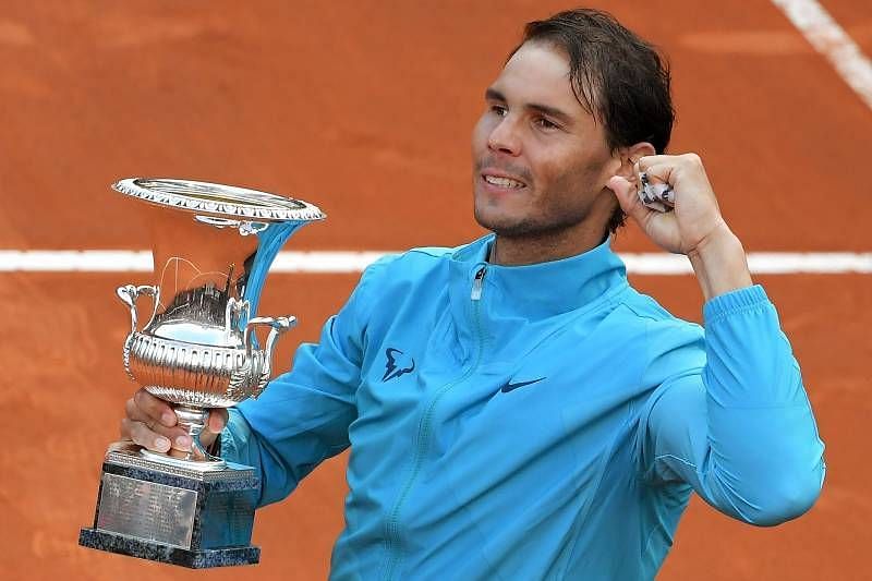 Nadal celebrates his 9th Rome Masters title in 2019.