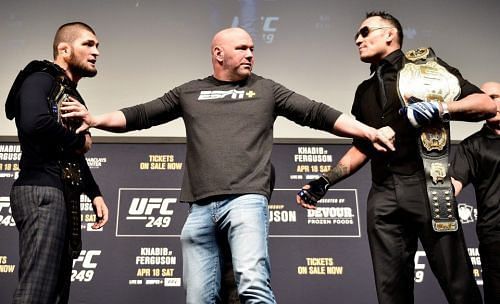 Nurmagomedov, White and Ferguson at a press conference for UFC 249