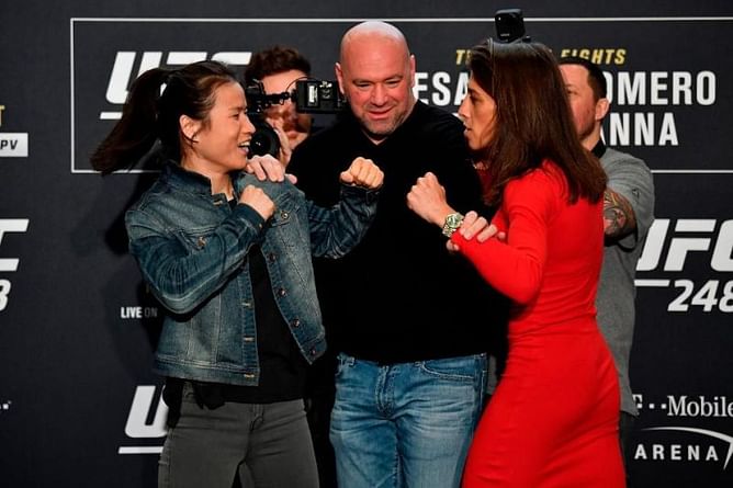 Zhang Weili and Joanna Jedrzejczyk engage in heated exchange at the UFC 248 weigh-ins