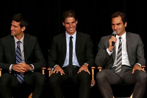 Roger Federer, Rafael Nadal and Novak Djokovic (from right to left).