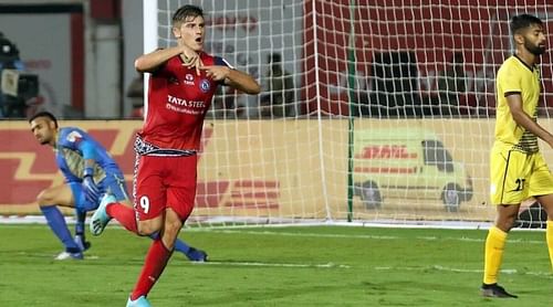 Sergio Castel celebrates after scoring for Jamshedpur FC against Hyderabad FC in ISL