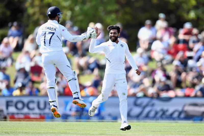 Ravindra Jadeja is all smiles after knocking over Colin de Grandhomme.