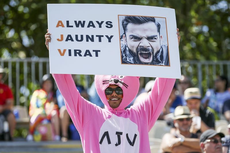A cricket fan with Virat Kohli&#039;s banner in New Zealand