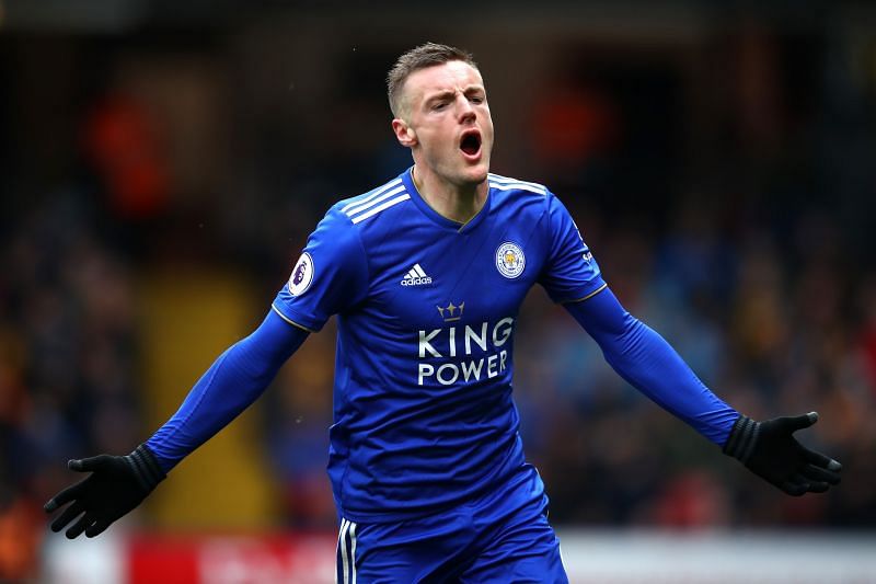 Leicester City&#039;s Vardy clebrating another of his goals