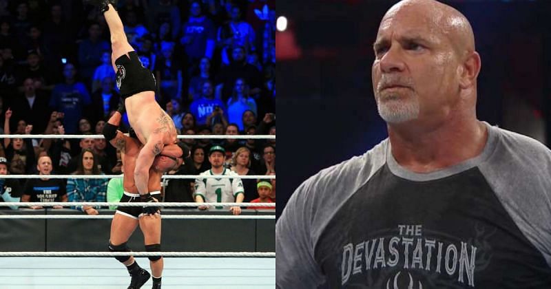 Goldberg delivering the Jackhammer on Brock Lesnar.