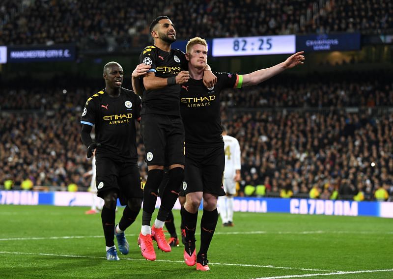 Kevin De Bruyne celebrates his goal in Manchester City&#039;s win over Real Madrid last month