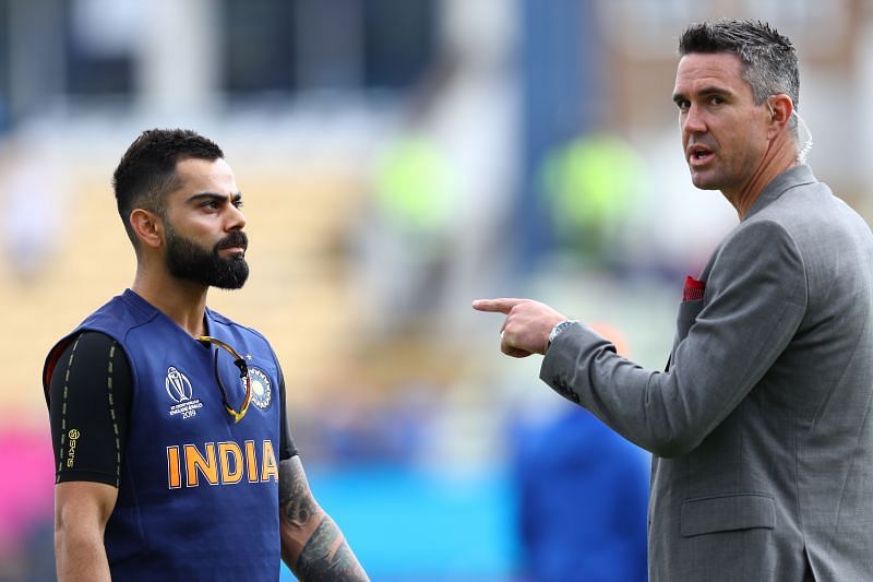 Kevin Pietersen alongside Indian captain Virat Kohli in the 2019 World Cup