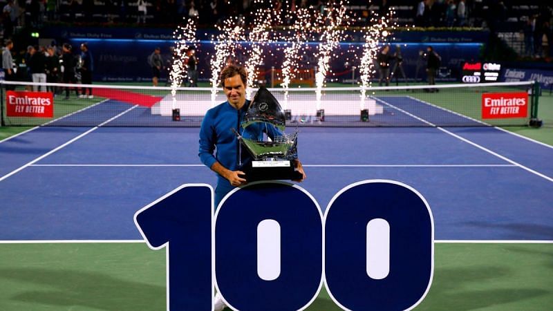 Roger Federer celebrates his 100th career singles title at 2019 Dubai