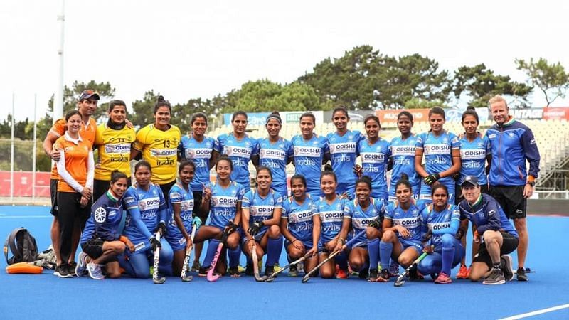 Head Coach Marijne (extreme right) with the Indian eves [Image credits - Hockey India/Facebook]