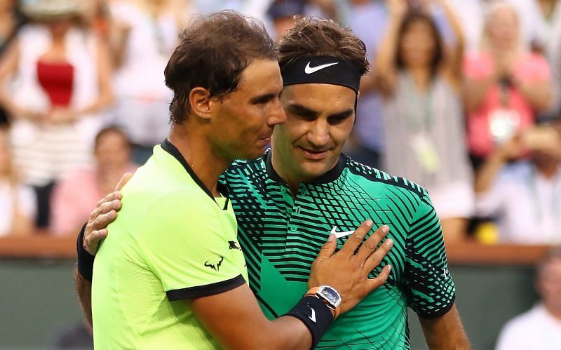 Nadal (left) congratulates Federer after the latter&#039;s win at 2017 Indian Wells.